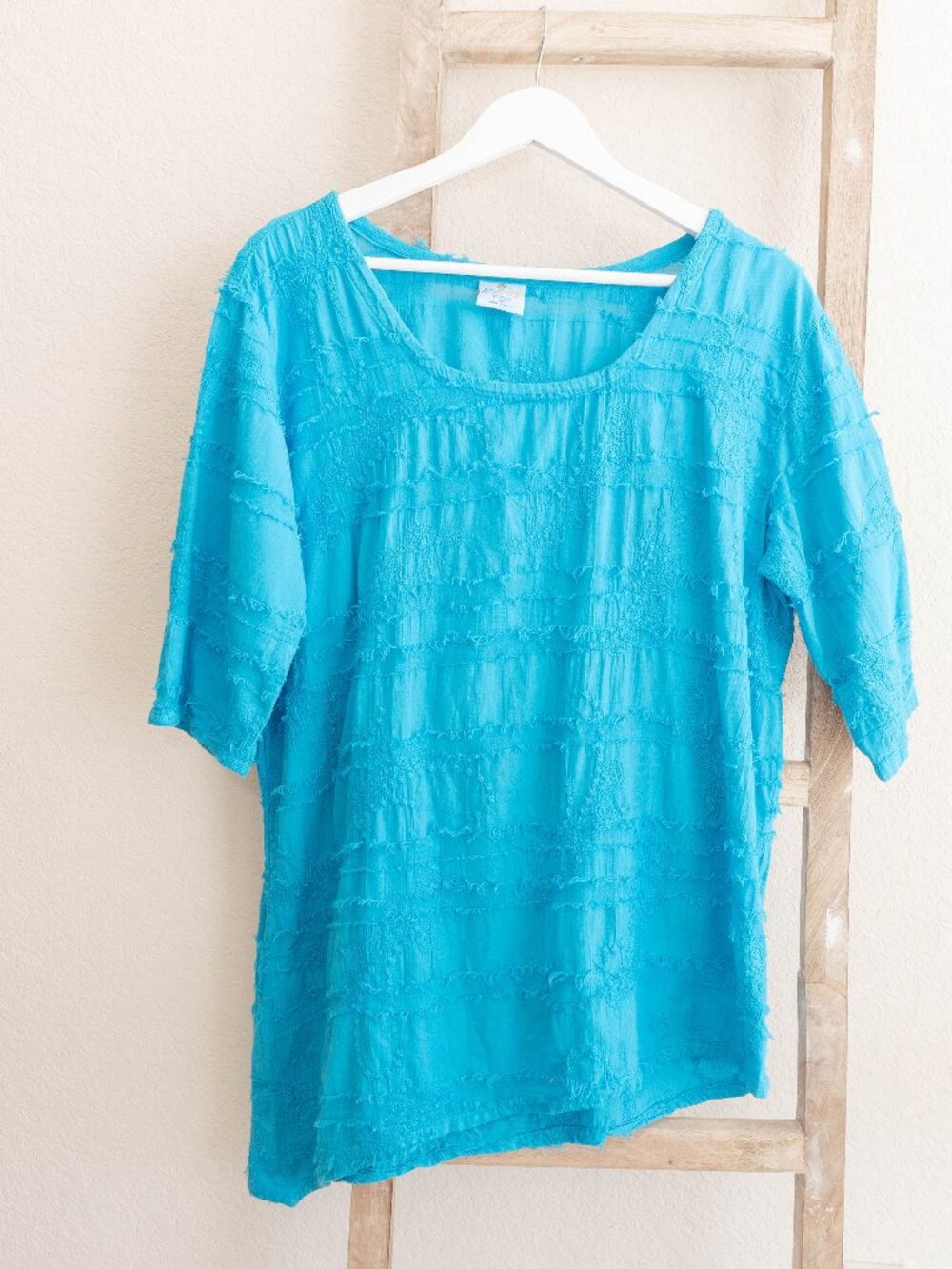 Sea Breeze Womens M Blue Asymmetric Hem Top Cotton Made in USA Boho Textured